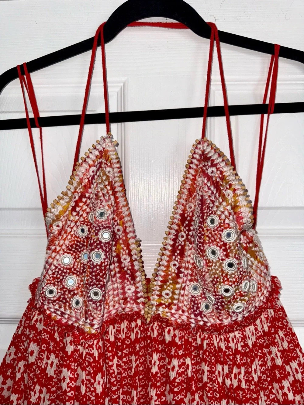 FREE PEOPLE Red White Beaded Embroidered Mirror Strappy Good Vibes Midi Maxi L